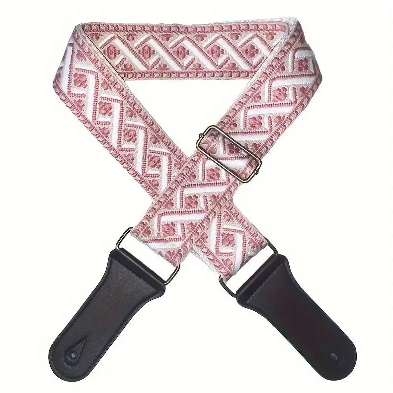 Pink Vintage Embroidered Guitar Strap - Faux Leather Ends