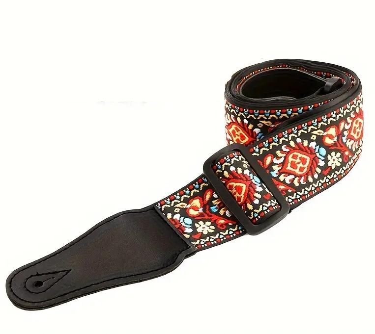 Red Floral Design Embroidered Guitar Strap • SA Guitar Shop